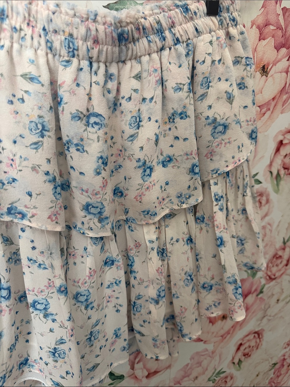 LoveShackFancy Blue Pink Floral Ruffle Tiered Mini Skirt SILK size M - Picture 3 of 6